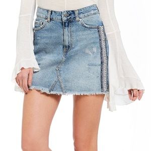 Free People Embellished Frayed Denim Mini Skirt